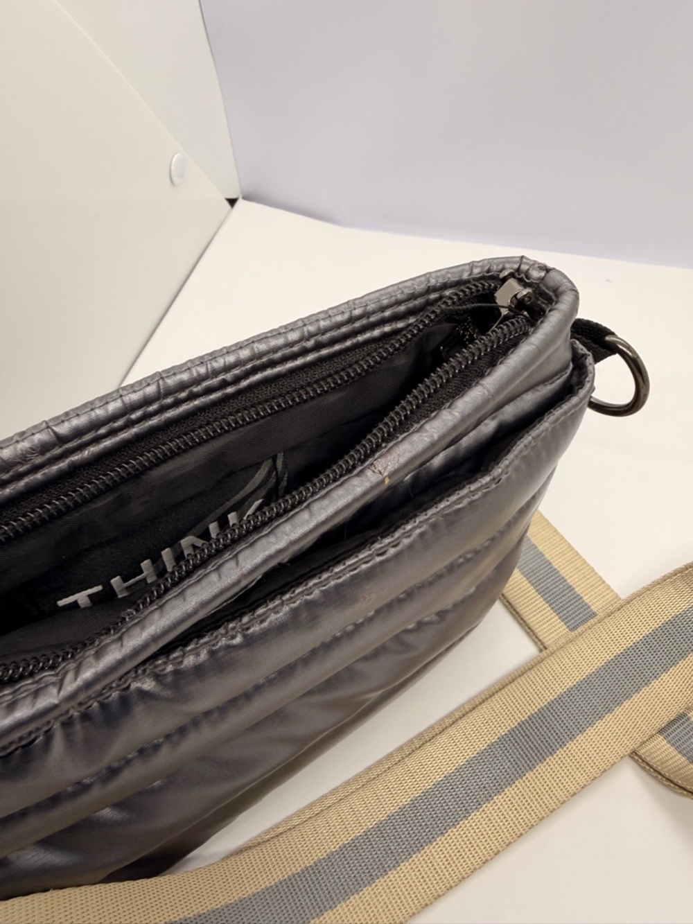 THINK ROYLN Quilted Crossbody Bag in Black with Beige-Gray Stripe Strap - Picture 10 of 13